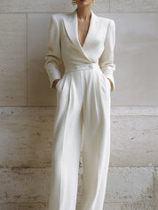 Classic Old Money Tweed Lapel Seam Front Straight Pants Jumpsuit
