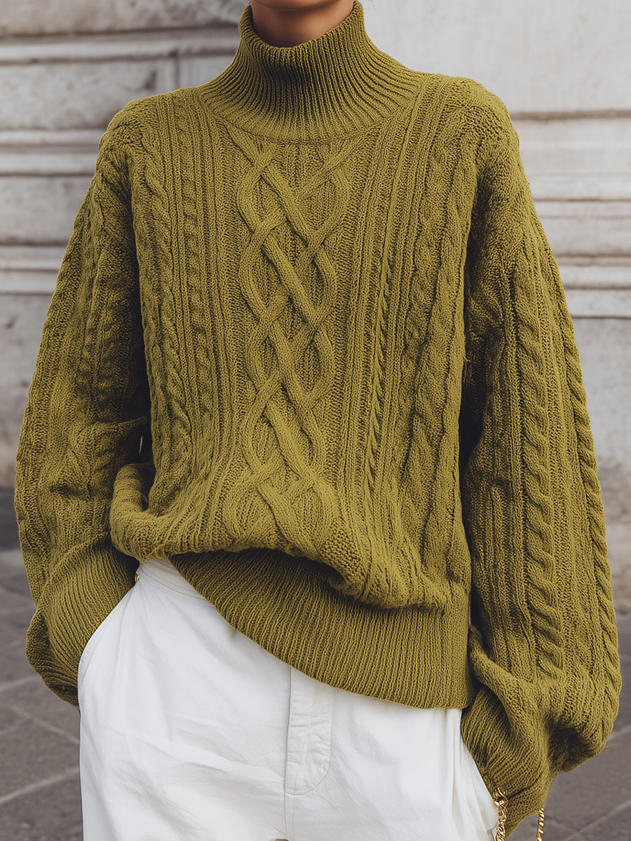 Commuting Turtleneck Drop Sleeve Cable Knit Sweater