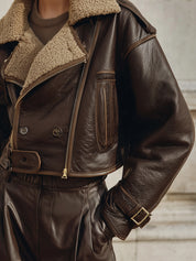Old Money Eco-Friendly Leather Faux Fur Cropped Boxy Aviator Jacket