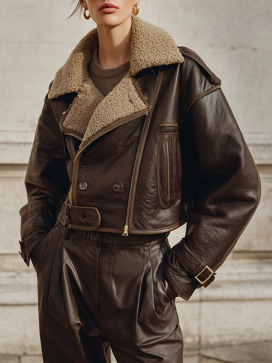 Old Money Eco-Friendly Leather Faux Fur Cropped Boxy Aviator Jacket