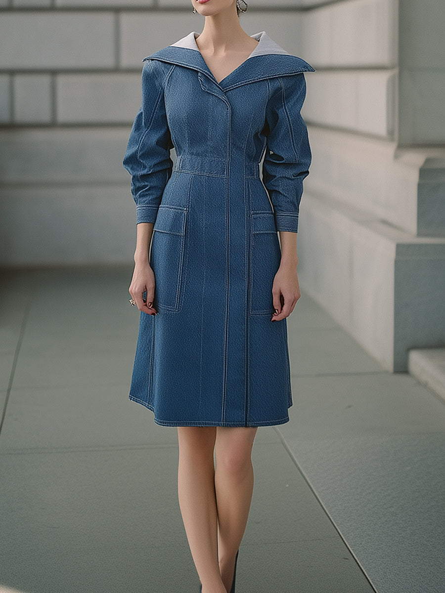 Minimalist Sailor-Collar Structured Denim Midi Dress