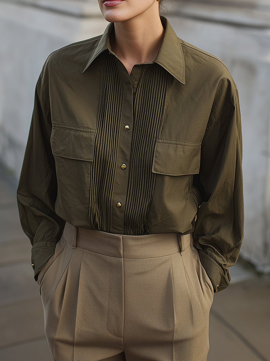 Modern Vintage Sharp Pleated Front Panel Structured Cotton Shirt