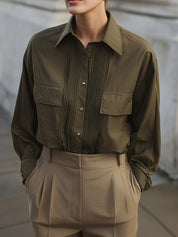 Modern Vintage Sharp Pleated Front Panel Structured Cotton Shirt