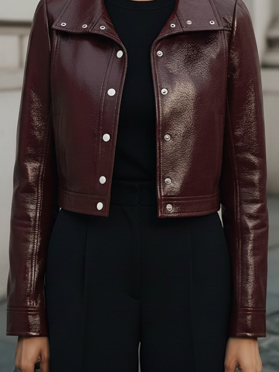 Vintage Minimal Cropped Metal Studs Eco-friendly Patent Leather Jacket