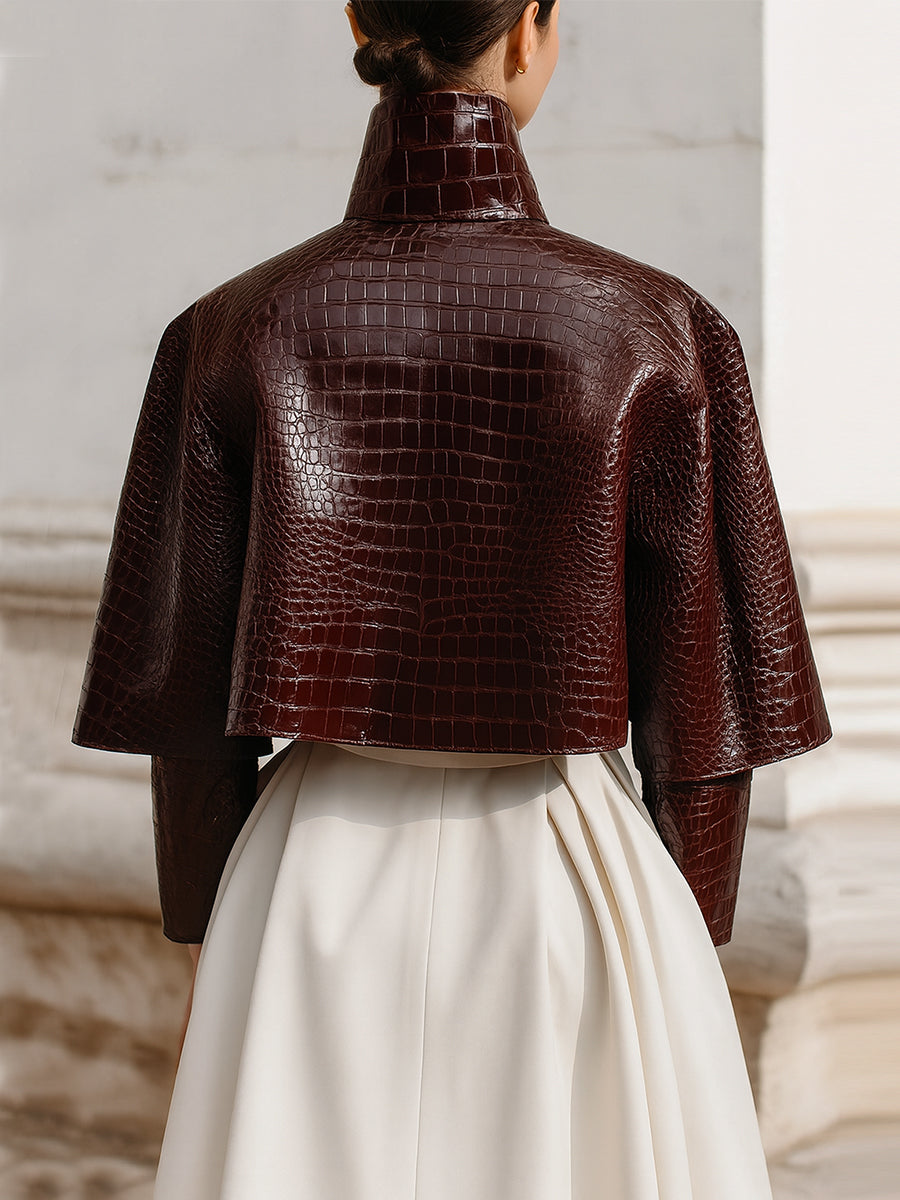 Minimalist Cape Collar Glossy Crocodile Eco-leather Jacket