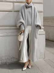 Chic Wide Lantern Sleeve Knit Patch Pocket Mid-length Cardigan
