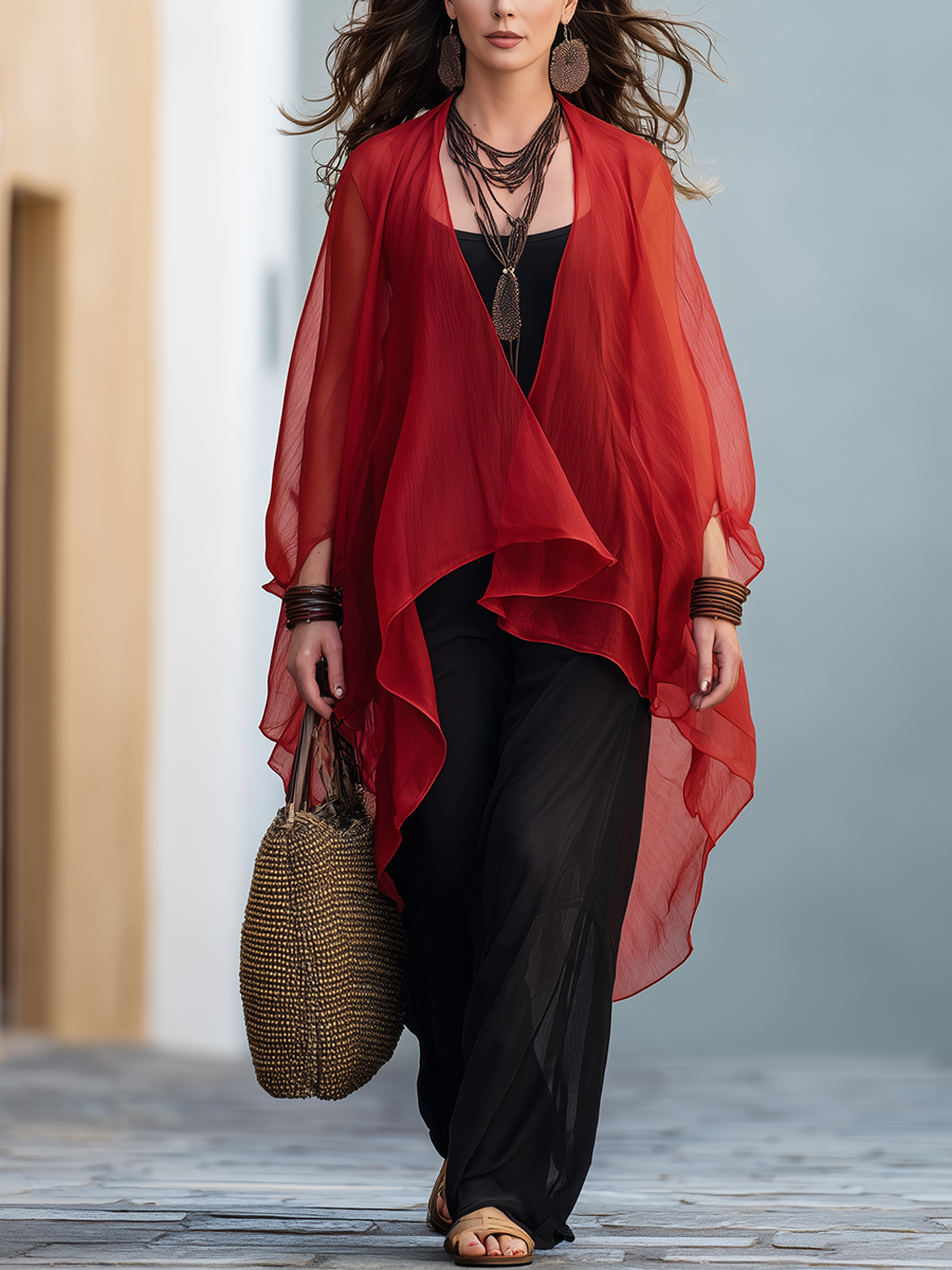 Resort-style Red Chiffon Cardigan And Black Slip Dress Set – GLOERIA