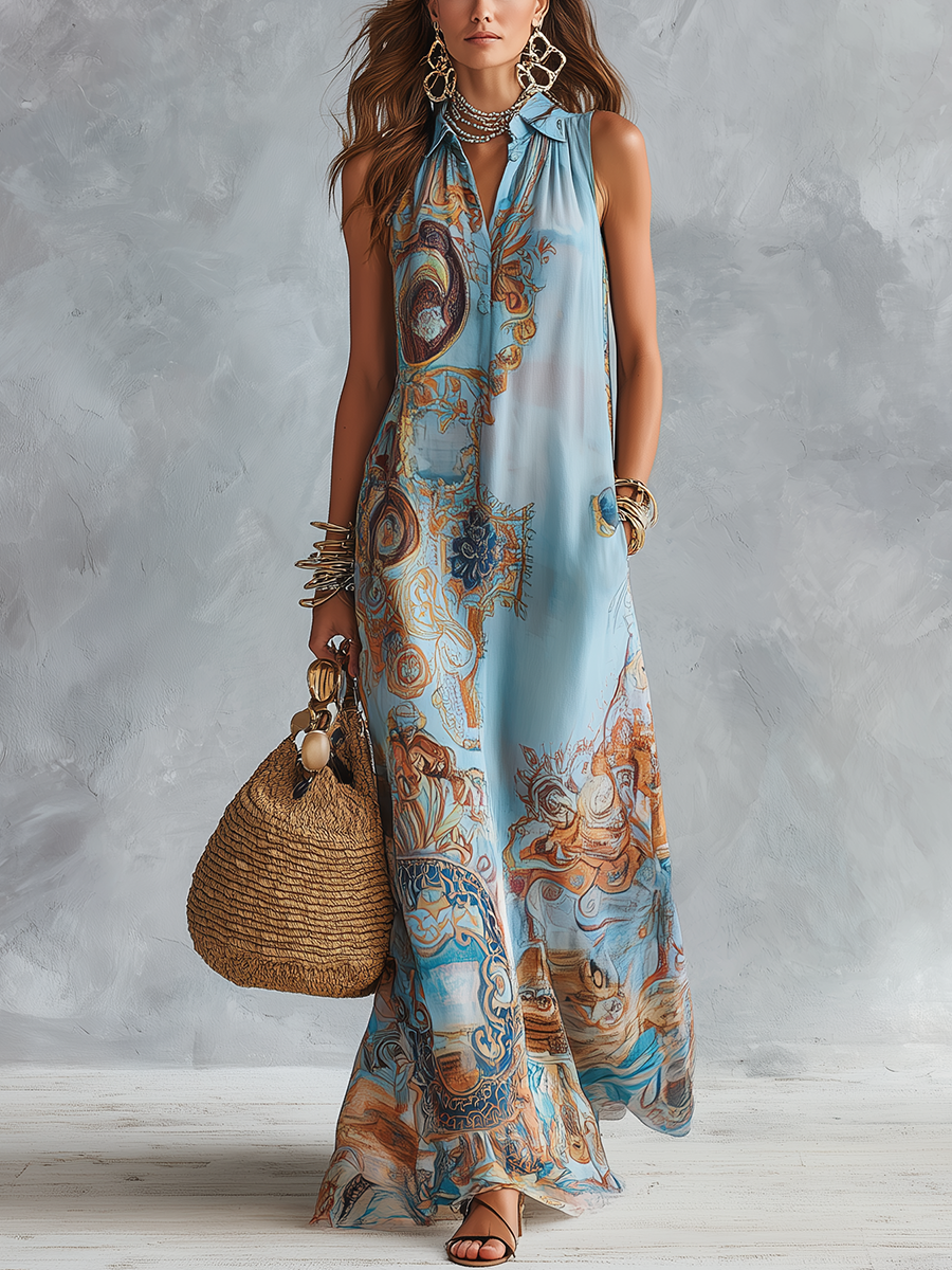 Vacation Style Blue Baroque Print Chiffon Maxi Dress  GLOERIA