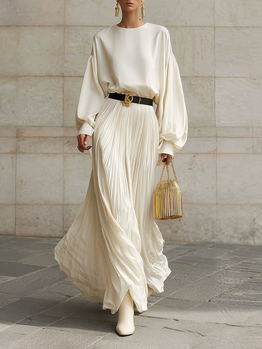 Minimalist Dropped Shoulder Lantern Sleeve Blouse & Pleated Floor-length Skirt Set