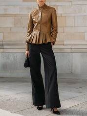 Androgynous Chic Structured Pleated Hem Eco-friendly Leather Jacket