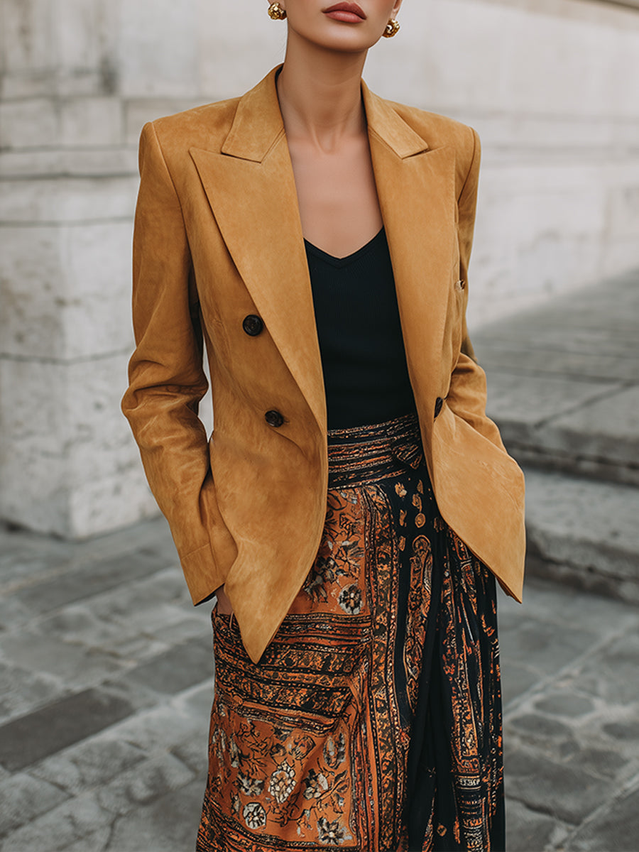 Retro-Inspired  Versatile Faux Suede Double-Breasted Blazer