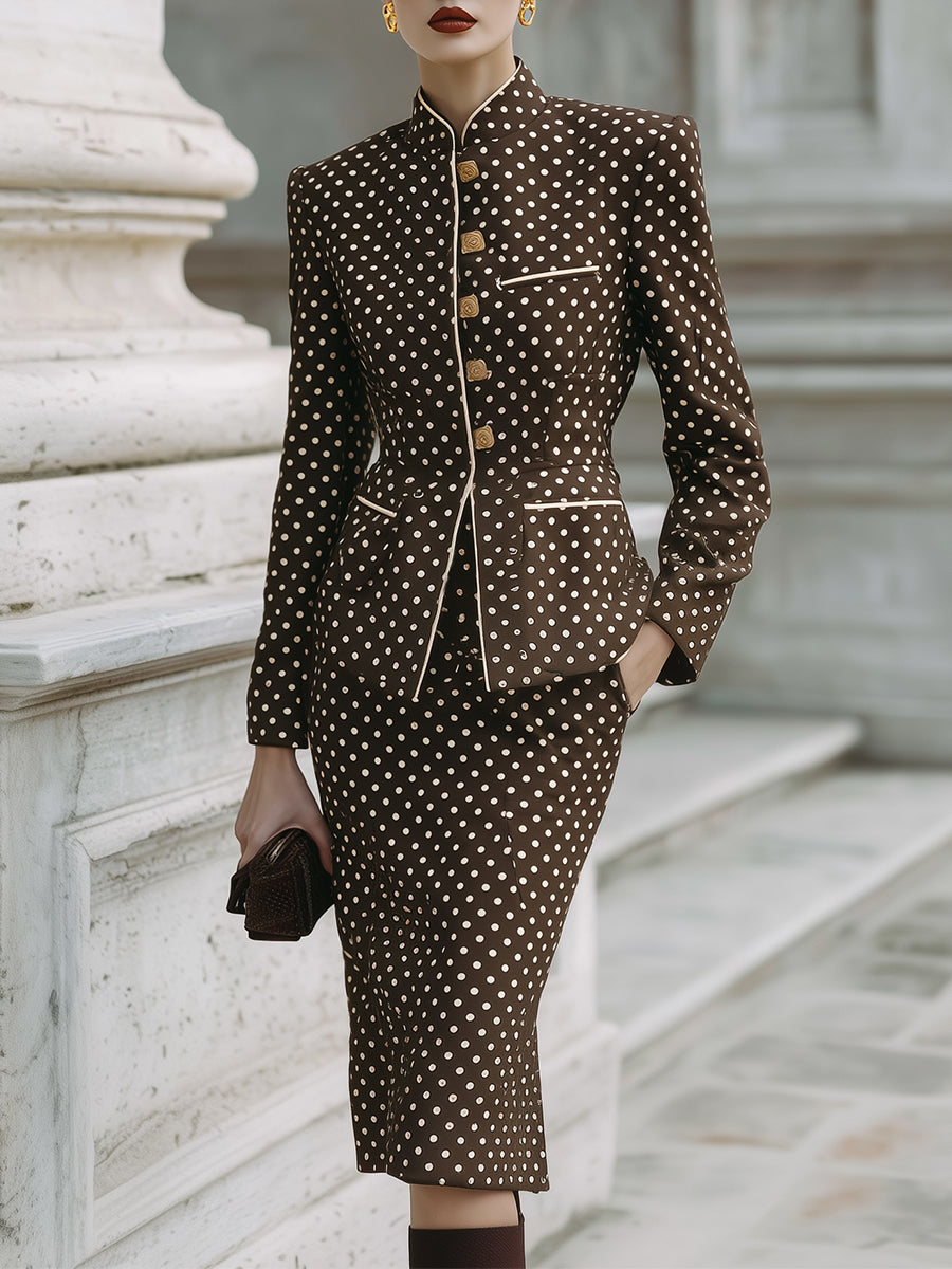 Retro Polka Dot Slim Jacket & Pencil Back Slit Midi Skirt Set