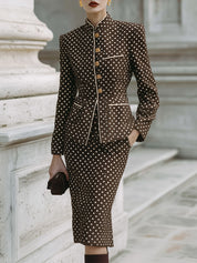 Retro Polka Dot Slim Jacket & Pencil Back Slit Midi Skirt Set