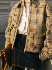 Old Money Classic Fine Plaid Drop Sleeve Wool Cropped Boxy Jacket