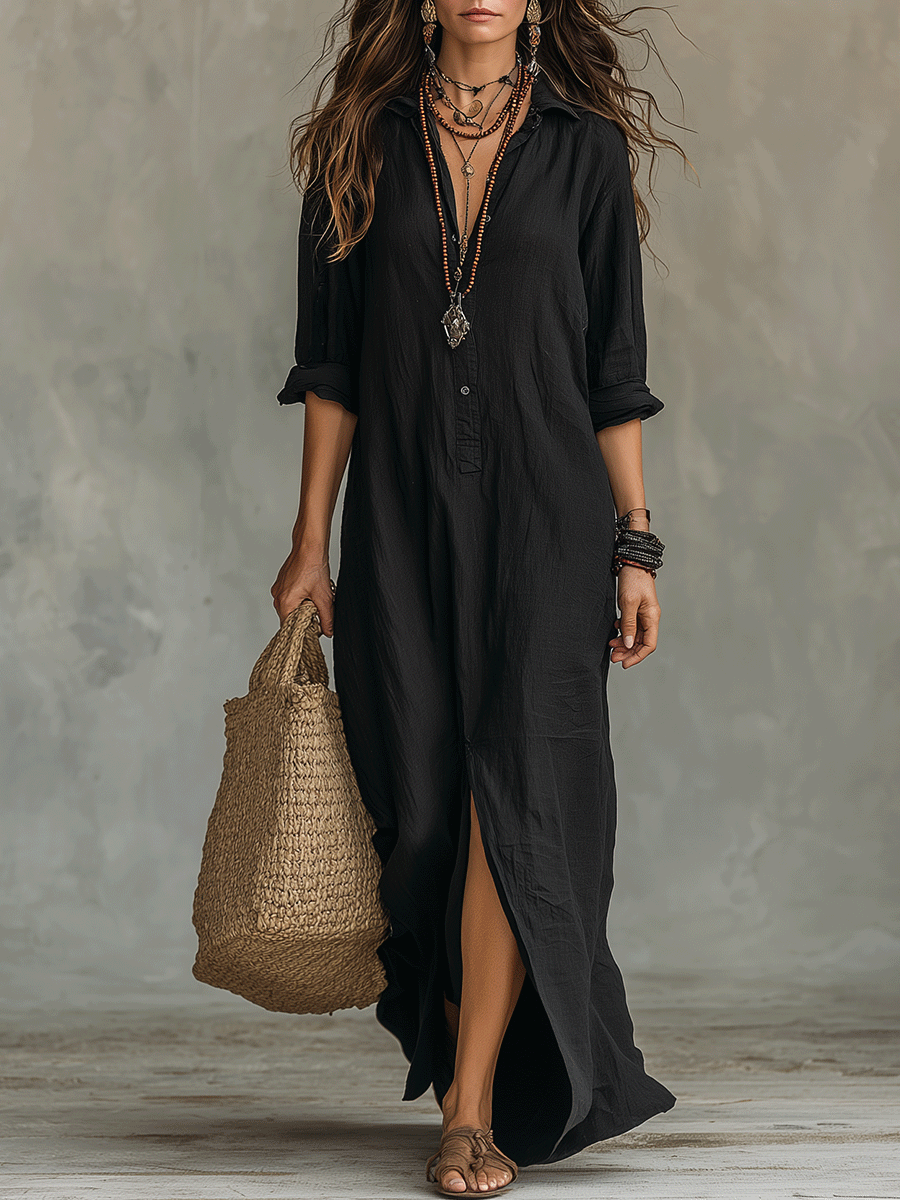 Relaxed Black Bohemian Button-Front Maxi Shirt Dress