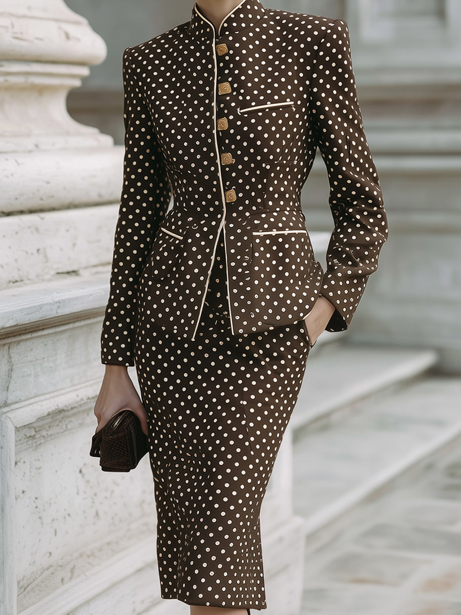 Retro Polka Dot Slim Jacket & Pencil Back Slit Midi Skirt Set