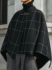 Minimalist Checked Metal Buckle Wool-Blend Cape