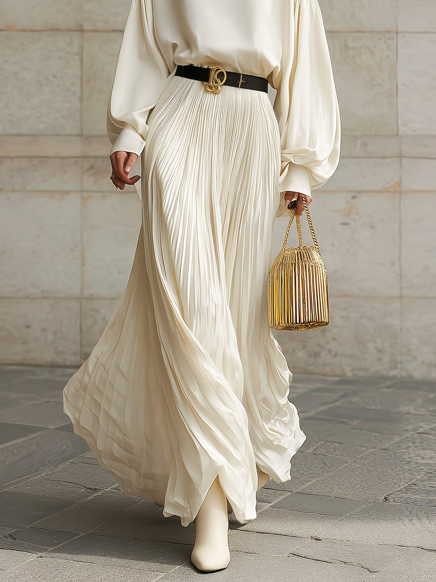 Minimalist Dropped Shoulder Lantern Sleeve Blouse & Pleated Floor-length Skirt Set
