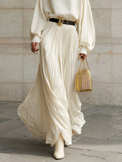 Minimalist Dropped Shoulder Lantern Sleeve Blouse & Pleated Floor-length Skirt Set