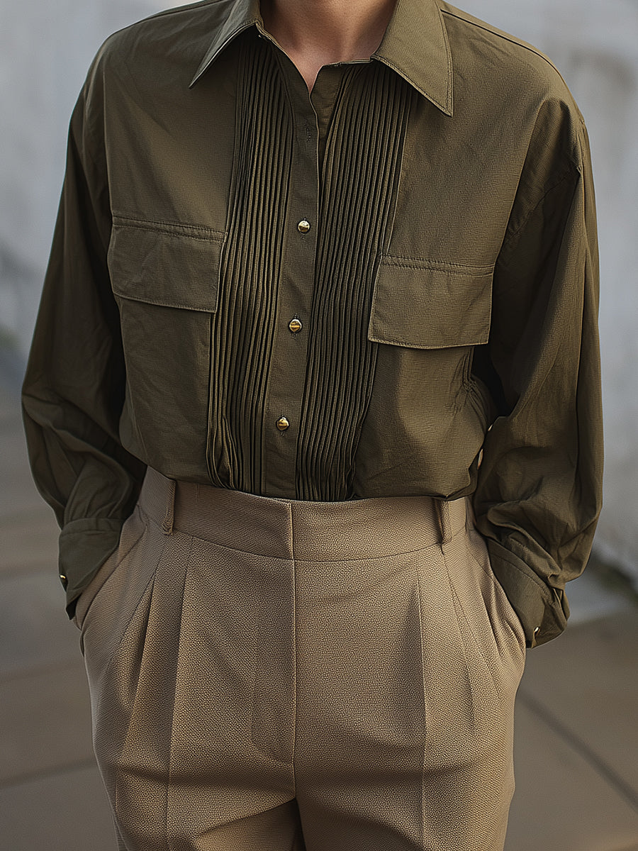 Modern Vintage Sharp Pleated Front Panel Structured Cotton Shirt