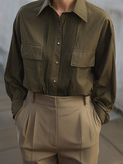 Modern Vintage Sharp Pleated Front Panel Structured Cotton Shirt