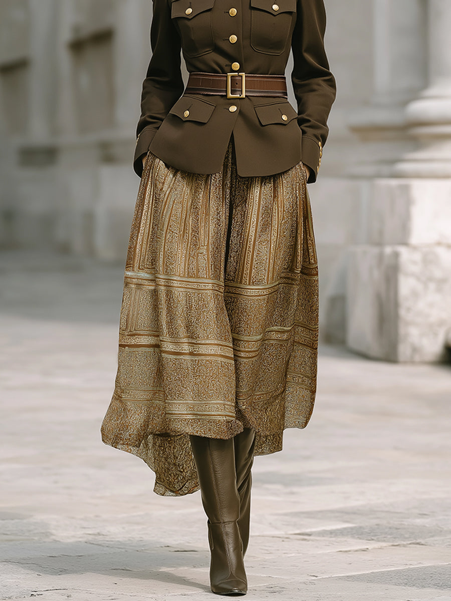 Old-Money Style Military Structured Jacket & Belted Printed Maxi Skirt Set