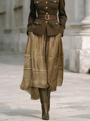 Old-Money Style Military Structured Jacket & Belted Printed Maxi Skirt Set