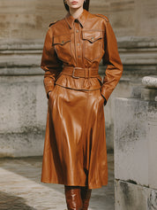 Stylish Environmentally Friendly Leather Belted Jacket & Diagonal Pocket A-line Skirt Set