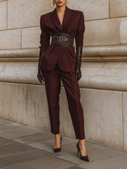 Power Dressing Style Burgundy Sculptural Wool Suit With Glossy Crocodile Eco-leather Waistband