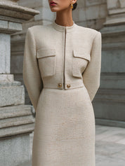 Stylish Minimalist Stand-collar Tweed Short Jacket & Straight Skirt Set