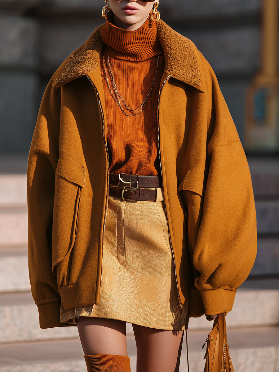 Minimalist Faux Fur Paneled Oversized Balloon Sleeve Jacket