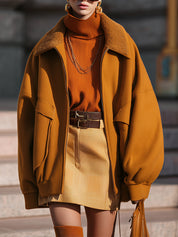 Minimalist Faux Fur Paneled Oversized Balloon Sleeve Jacket