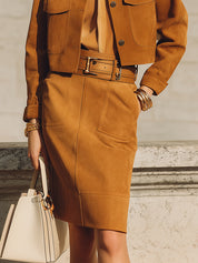 Minimalist Eco-friendly Suede Cropped Jacket & Seam Front Pencil Skirt Set