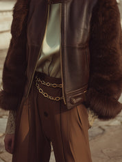 Modern Vintage Structured Faux Fur-Sleeve Eco-Friendly Leather Bomber Jacket