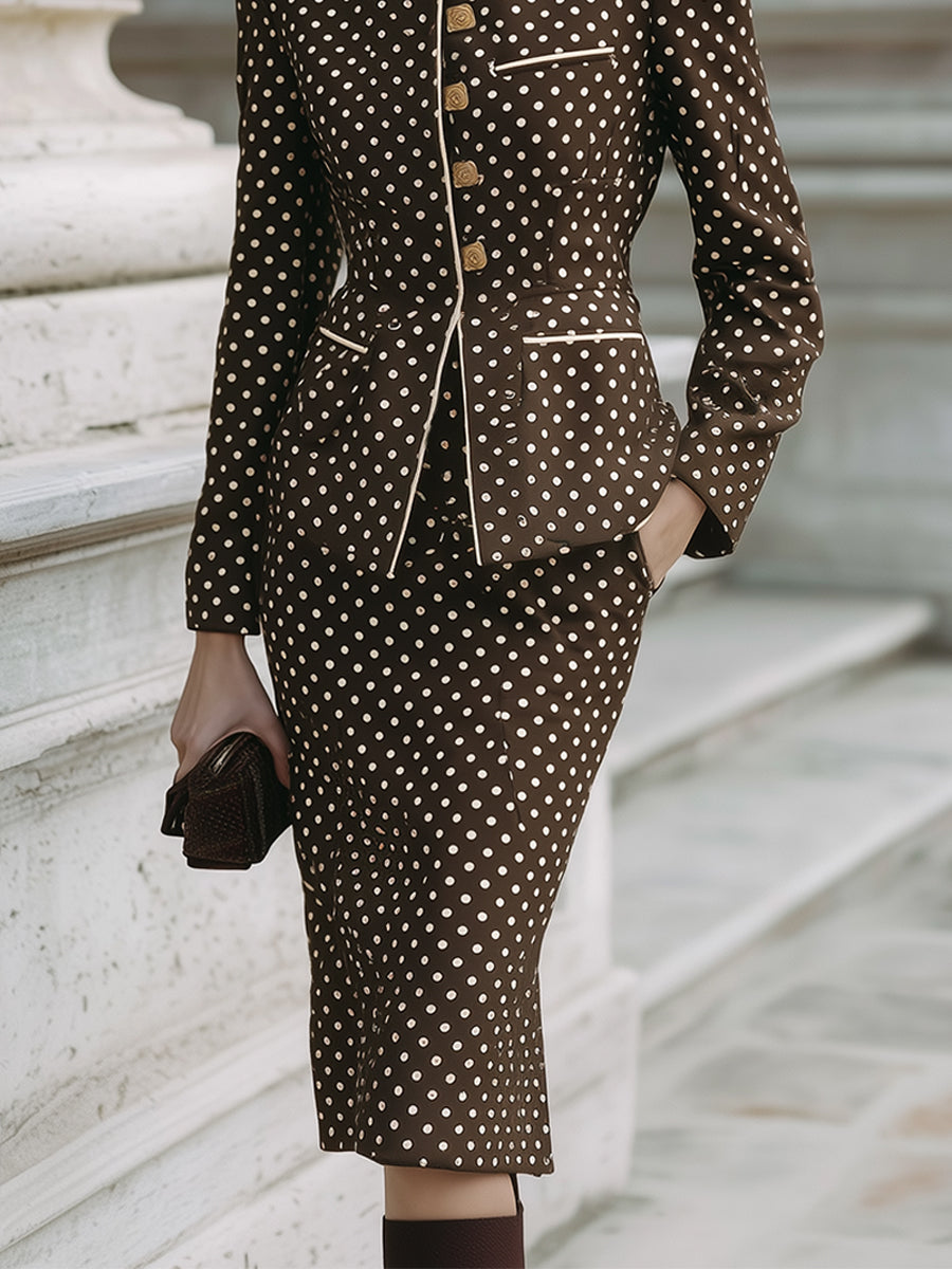 Retro Polka Dot Slim Jacket & Pencil Back Slit Midi Skirt Set