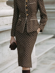 Retro Polka Dot Slim Jacket & Pencil Back Slit Midi Skirt Set