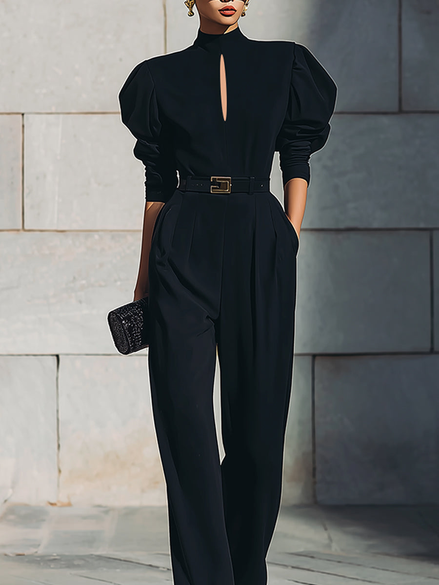 Minimalist Keyhole Neck Gigot Sleeve Cotton Blend Straight Jumpsuit