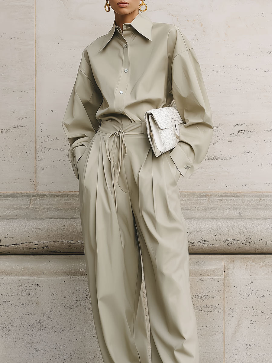 Minimalist Drop Shoulder Blouse & Pleated Waist Strapped Straight Pants Set