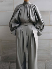 Pleated Stand Collar Blouse & Pinch Pleated Wide Leg Pants Set With Belt
