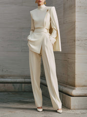 Androgynous Chic Cape Sleeves Diagonal Placket Straight Jumpsuit With Belt
