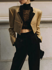 Old Money Style Velvet Collar Cropped Short Jacket With Soft Shoulder Pads