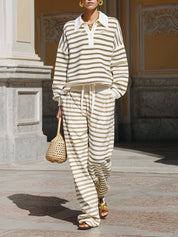 Comfortable Striped Shirt Collar Sweatshirt & Threaded Drawstring Pants Set