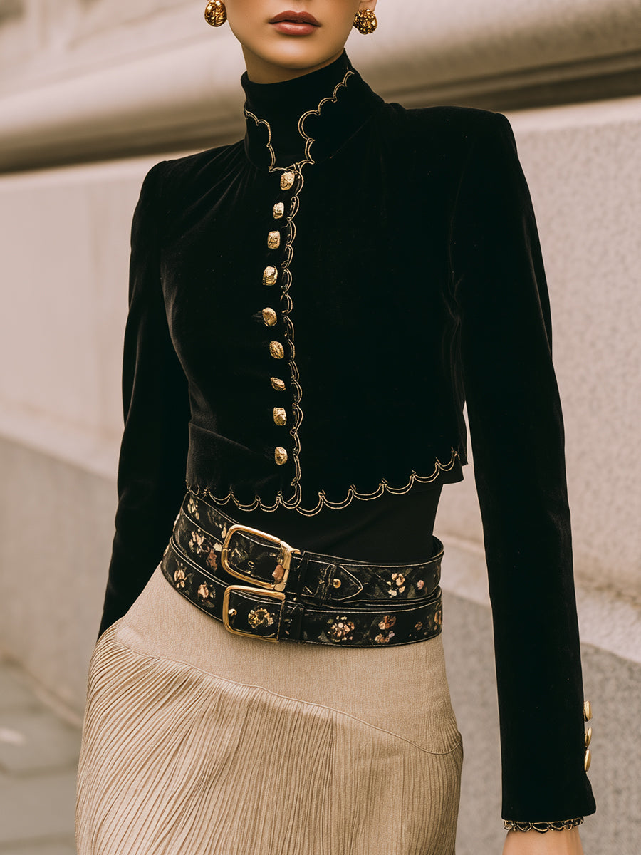 Vintage Polyester Velvet Wave-trimmed Embroidered Cropped Jacket