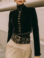 Vintage Polyester Velvet Wave-trimmed Embroidered Cropped Jacket