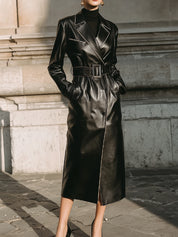 Minimalist Power Silhouette Belted Eco-friendly Leather Trench Coat