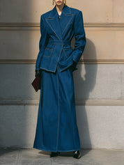 Classic Power Dressing Suit Washed Belted Denim Blazer & A-line Skirt Set