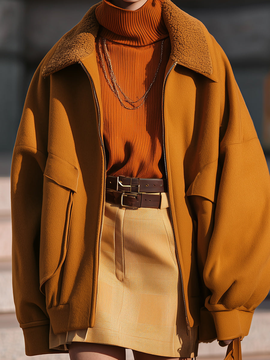 Minimalist Faux Fur Paneled Oversized Balloon Sleeve Jacket