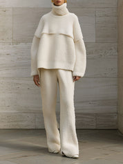 Chic Turtleneck Knitted Off-shoulder Sweater & Micro-flared Trousers Set