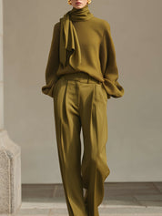 Stylish Waffle Scarf Collar Top & Satin Pleated Straight Pants Set