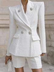 Minimalist Tweed Metal Button Slim Fit Blazer & Shorts Set
